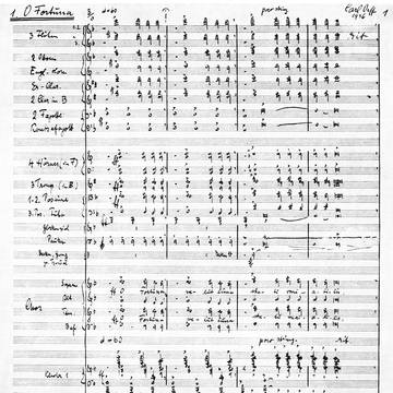 « Depuis "Carmina Burana" (1937), les œuvres de Carl Orff représentent un défi [...]. Pour être quelque peu hyperbolique, son œuvre se situe quelque part au-delà des antithèses de l’avant-garde et du traditionalisme. »[2] (partition autographe de "Carmina Burana")