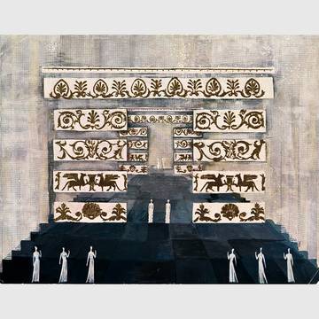 »What Carl Orff was searching for and also found in the works of the old masters is in principle an age-old antiquity going far beyond these works which gives his language a firm musical footing.« [4] (stage design for Entrata by Helmut Jürgens, Munich 1963}