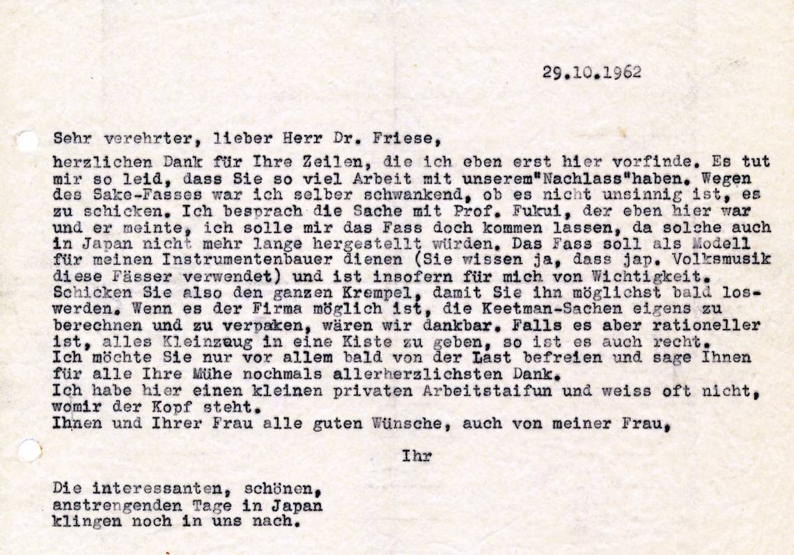 [Brief von Carl Orff an die deutsche Botschaft Tokyo, © mit freundlicher Genehmigung SCHOTT MUSIC Mainz / Archiv: OZM)