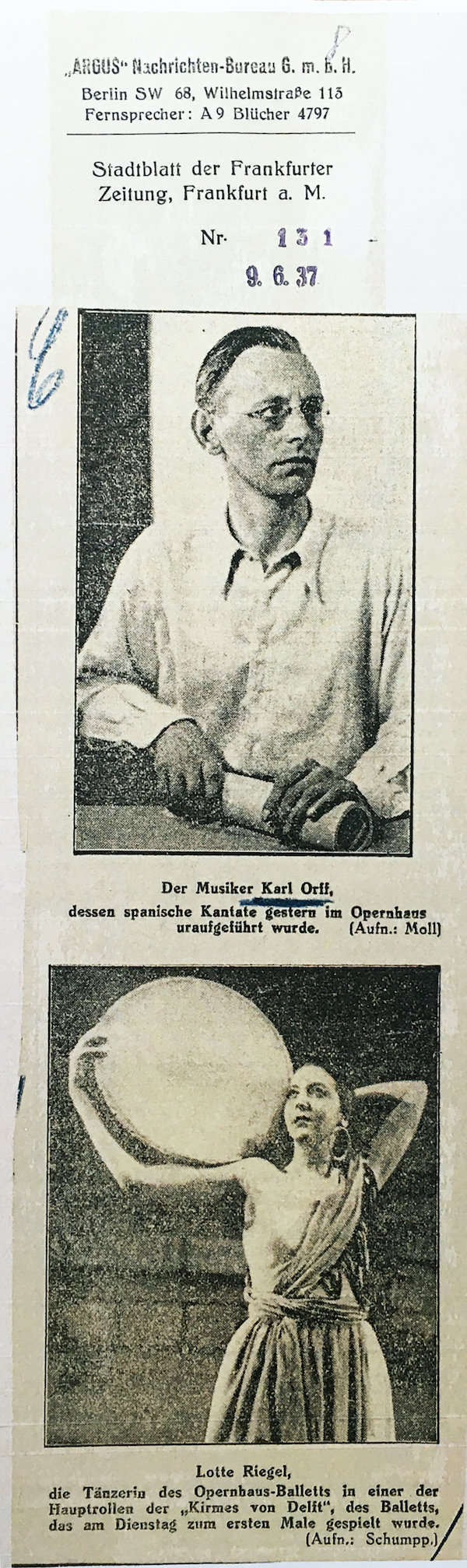 [Stadtblatt der Frankfurter Zeitung, 9. Juni 1937, © Carl-Orff-Stiftung / Archiv: OZM]