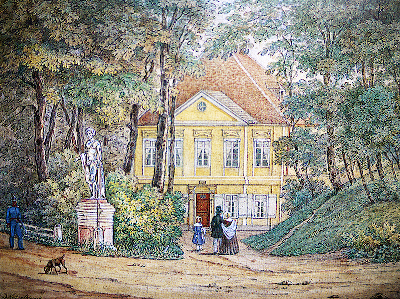 [Das «Orff-Häusl» am Eingang zum Englischen Garten, Aquarell 1844 von Carl Valentin Blank / © Carl-Orff-Stiftung]